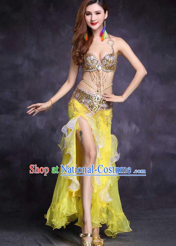 High Indian Belly Dance Diamante Yellow Bra Outfits India Female Oriental Dance Stage Performance Clothing