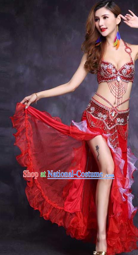 India Female Oriental Dance Clothing High Indian Belly Dance Stage Performance Diamante Red Bra Outfits