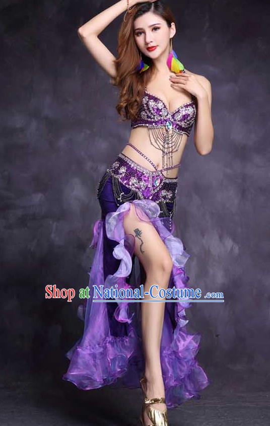 India Oriental Dance Clothing High Indian Belly Dance Stage Performance Diamante Purple Bra and Skirt Outfits