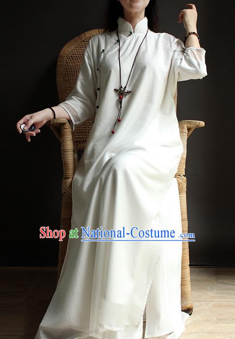 China Traditional Stand Collar Qipao Dress National Women Zen Clothing Classical White Cheongsam