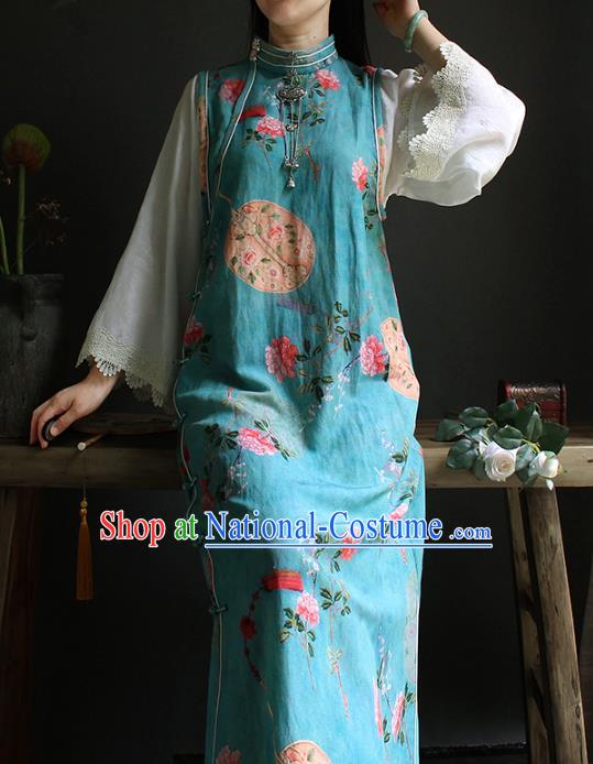 China Classical Printing Flowers Blue Cheongsam National Women Clothing White Lace Sleeve Qipao Dress