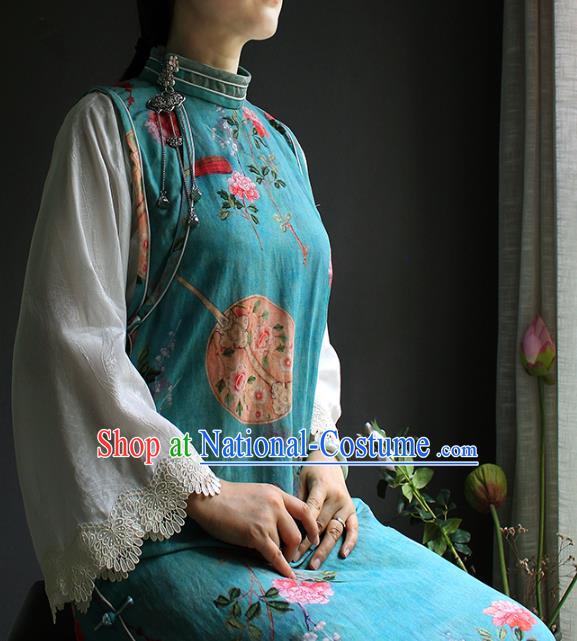 China Classical Printing Flowers Blue Cheongsam National Women Clothing White Lace Sleeve Qipao Dress