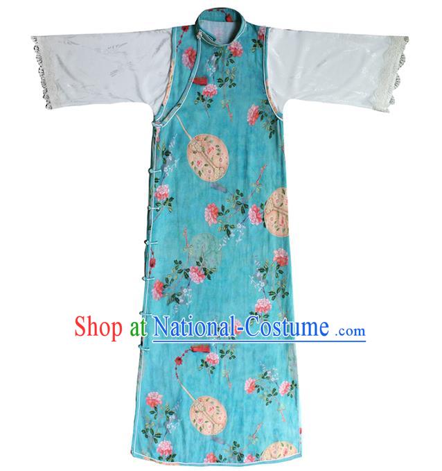 China Classical Printing Flowers Blue Cheongsam National Women Clothing White Lace Sleeve Qipao Dress