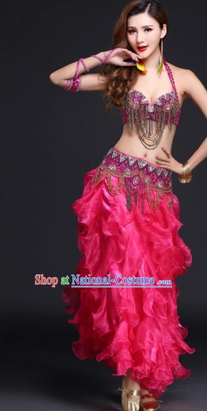 Indian Belly Dance Competition Beads Tassel Bra and Rosy Skirt Outfits India Oriental Dance Clothing