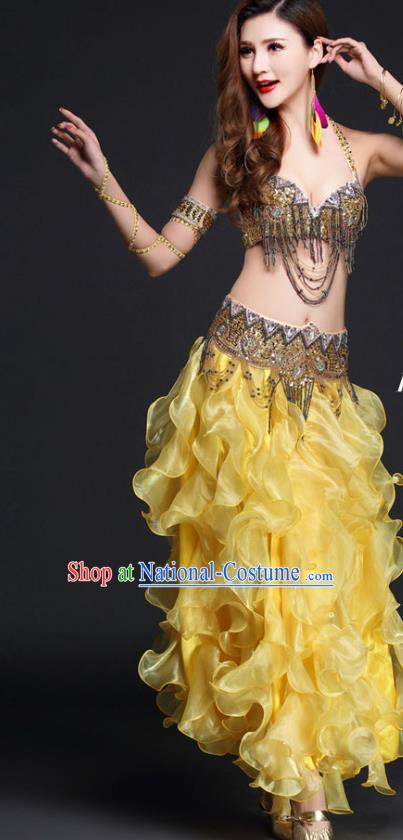 Asian India Oriental Dance Clothing Indian Belly Dance Competition Beads Tassel Bra and Yellow Skirt Outfits