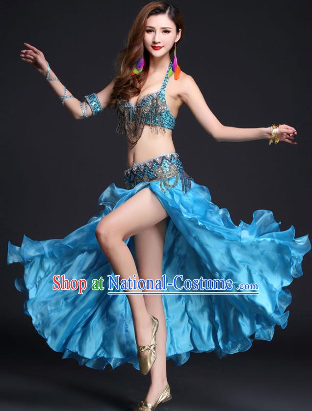 Indian Traditional Belly Dance Competition Beads Tassel Bra and Blue Skirt Outfits Asian India Oriental Dance Clothing