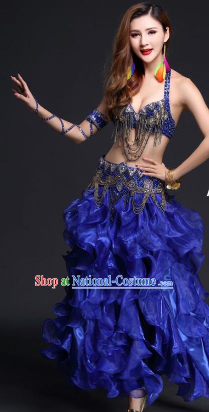 Asian India Dance Stage Performance Clothing Indian Traditional Belly Dance Beads Tassel Bra and Royalblue Skirt Outfits