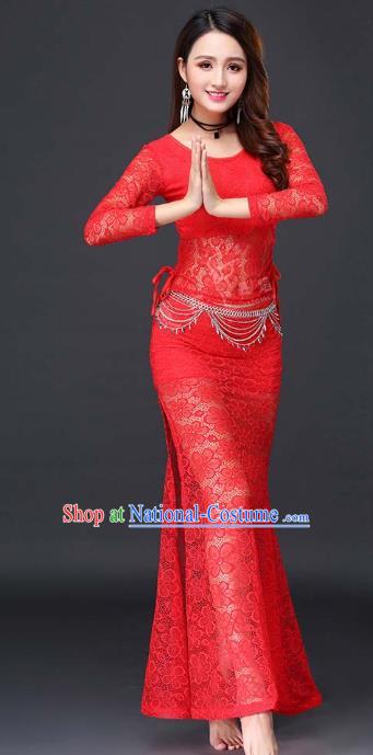 Indian Traditional Belly Dance Red Lace Uniforms Asian India Raks Sharki Blouse and Skirt Clothing