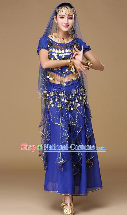 Indian Traditional Belly Dance Uniforms Asian India Dance Performance Royalblue Blouse and Skirt Clothing