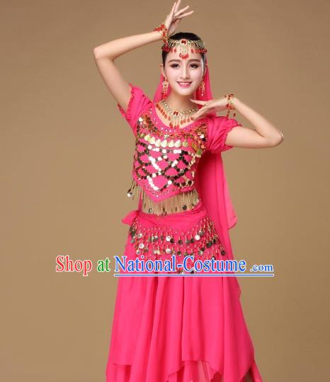 Asian Indian Belly Dance Rosy Uniforms India Court Dance Performance Blouse and Skirt Clothing