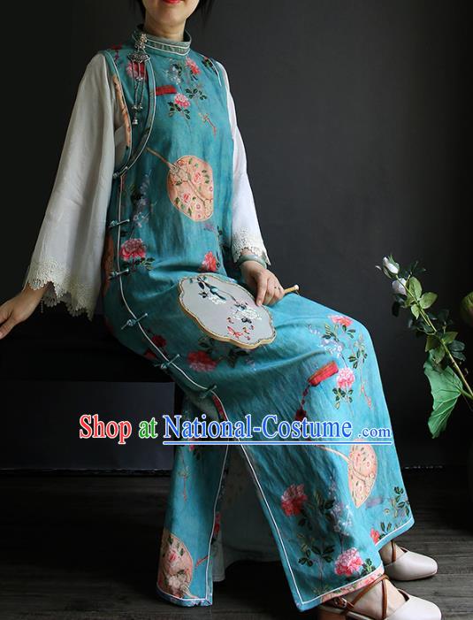 China Classical Printing Flowers Blue Cheongsam National Women Clothing White Lace Sleeve Qipao Dress