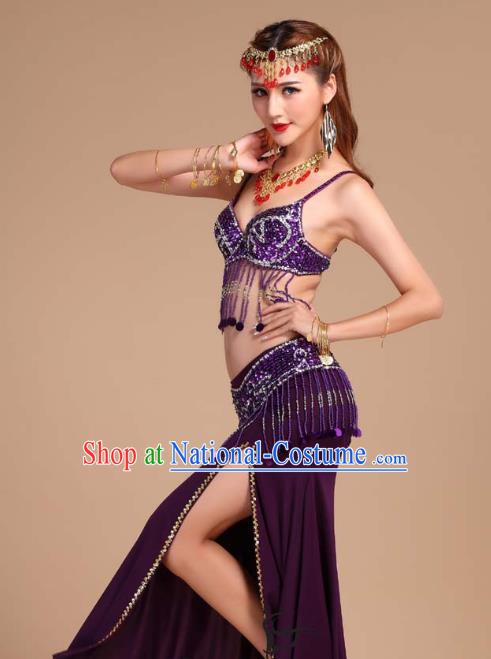 Indian Belly Dance Sequins Tassel Bra and Purple Skirt Uniforms Asian India Oriental Dance Competition Clothing