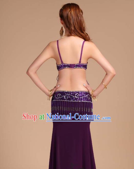 Indian Belly Dance Sequins Tassel Bra and Purple Skirt Uniforms Asian India Oriental Dance Competition Clothing