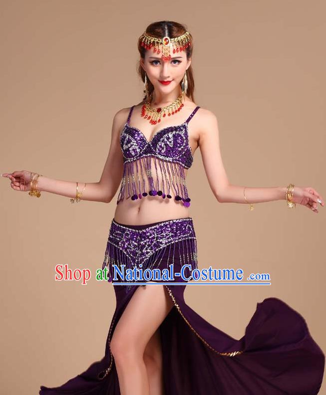 Indian Belly Dance Sequins Tassel Bra and Purple Skirt Uniforms Asian India Oriental Dance Competition Clothing