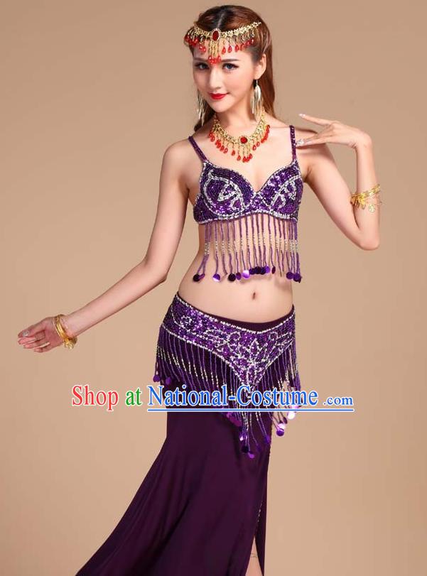 Indian Belly Dance Sequins Tassel Bra and Purple Skirt Uniforms Asian India Oriental Dance Competition Clothing