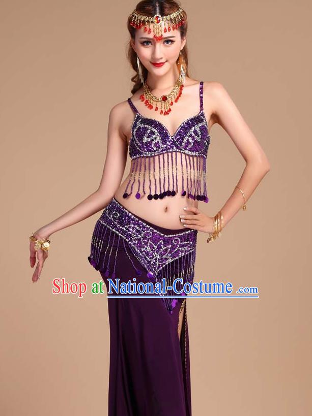 Indian Belly Dance Sequins Tassel Bra and Purple Skirt Uniforms Asian India Oriental Dance Competition Clothing