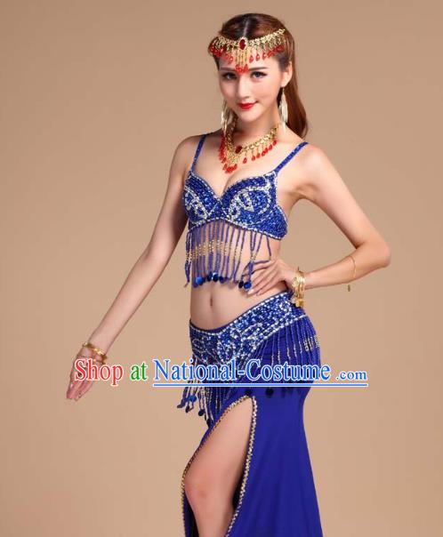 Asian India Oriental Dance Competition Clothing Indian Belly Dance Sequins Tassel Bra and Royalblue Skirt Uniforms