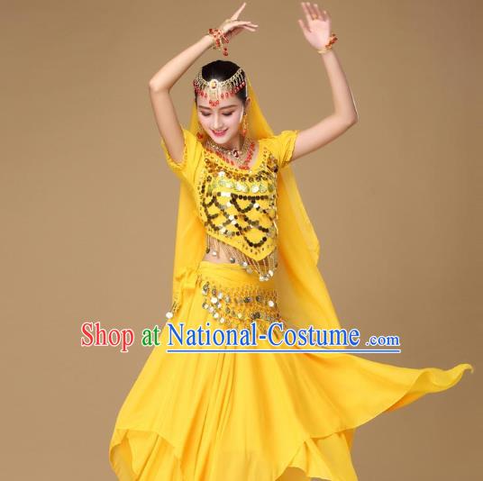 Asian India Dance Performance Blouse and Skirt Clothing Indian Belly Dance Yellow Uniforms