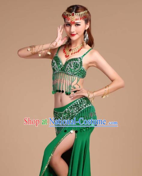 Asian India Raks Sharki Oriental Dance Competition Clothing Indian Belly Dance Sequins Tassel Bra and Green Skirt Uniforms