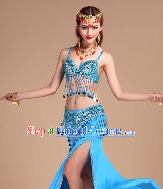 Indian Oriental Dance Belly Dance Sequins Tassel Bra and Blue Skirt Uniforms Asian India Raks Sharki Clothing