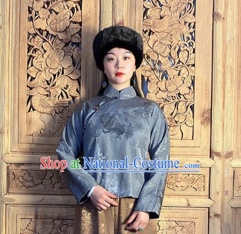 China National Women Clothing Tang Suit Grey Silk Shirt Classical Slant Opening Blouse