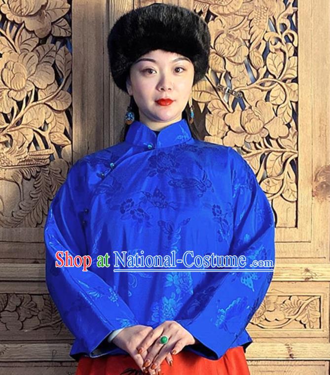 China Tang Suit Royalblue Silk Shirt Classical Slant Opening Blouse National Women Costume