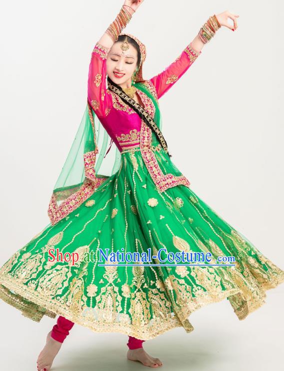 Indian Bollywood Dance Green Anarkali Dress Asian India Stage Performance Embroidered Costumes