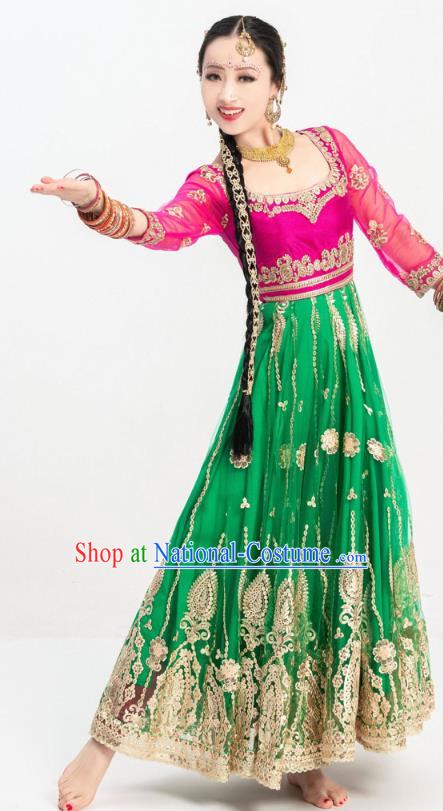 Indian Bollywood Dance Green Anarkali Dress Asian India Stage Performance Embroidered Costumes