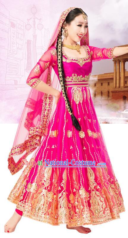 Asian India Court Princess Dance Costumes Indian Bollywood Performance Embroidered Rosy Anarkali Dress