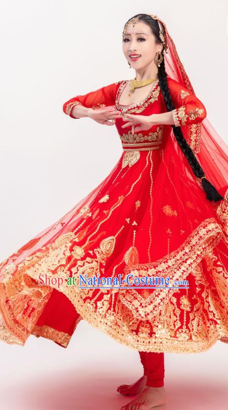 Asian India Court Wedding Embroidered Costumes Indian Bollywood Performance Red Anarkali Dress