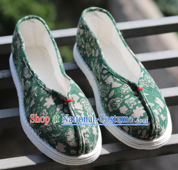 China National Country Woman Shoes Handmade Printing Flowers Green Flax Shoes