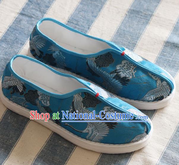 China Handmade Cloth Shoes National Woman Classical Cranes Pattern Blue Shoes