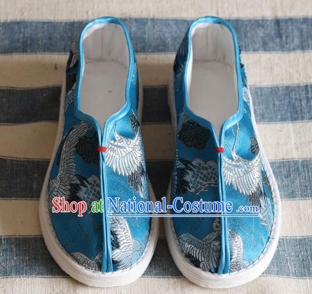 China Handmade Cloth Shoes National Woman Classical Cranes Pattern Blue Shoes