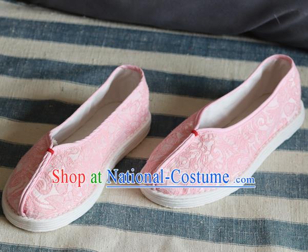 China Handmade Jacquard Pink Cloth Shoes National Woman Folk Dance Shoes