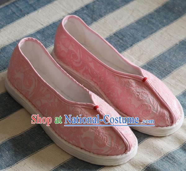 China Handmade Jacquard Pink Cloth Shoes National Woman Folk Dance Shoes