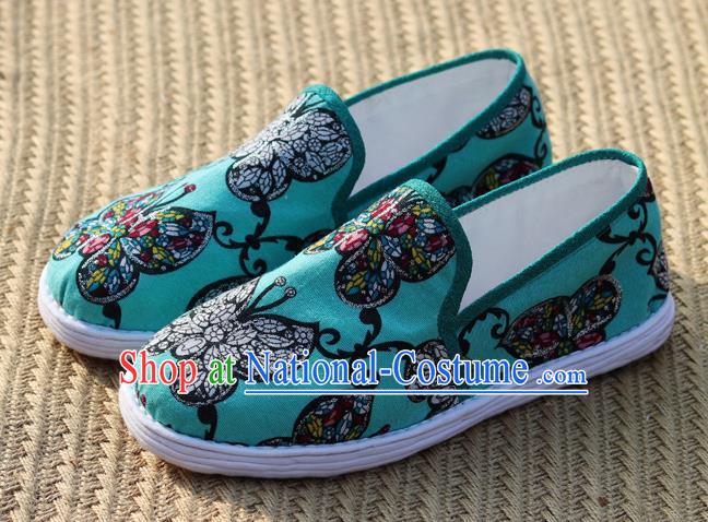 China Handmade Layered Cotton Sole Shoes National Woman Printing Butterfly Green Flax Shoes