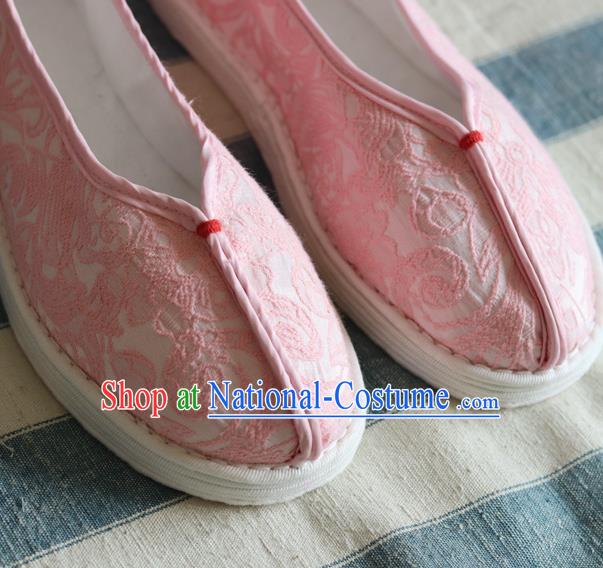 China Handmade Jacquard Pink Cloth Shoes National Woman Folk Dance Shoes