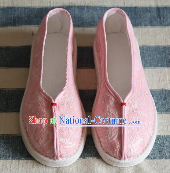 China Handmade Jacquard Pink Cloth Shoes National Woman Folk Dance Shoes