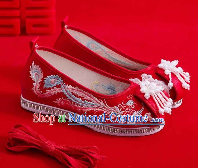 China National Embroidered Phoenix Shoes Pearls Tassel Hanfu Shoes Handmade Wedding Red Cloth Shoes