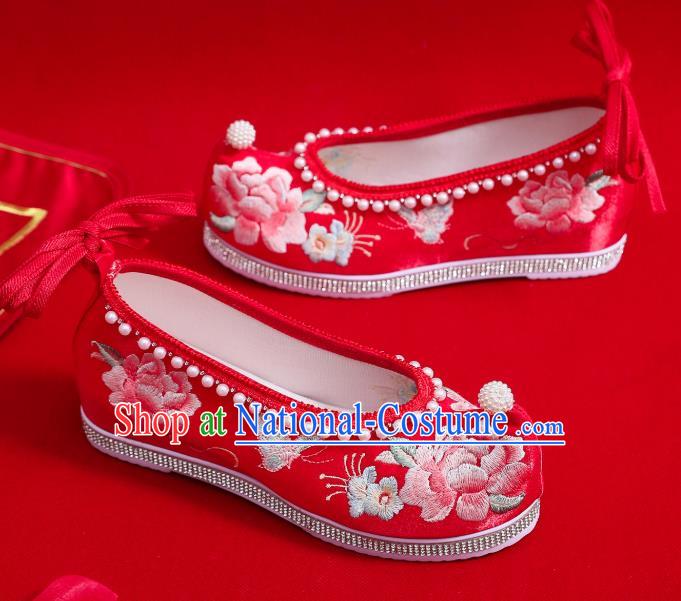 China Traditional Hanfu Pearls Shoes Handmade Wedding Red Satin Shoes National Embroidered Peony Shoes