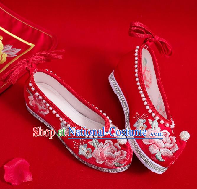 China Traditional Hanfu Pearls Shoes Handmade Wedding Red Satin Shoes National Embroidered Peony Shoes