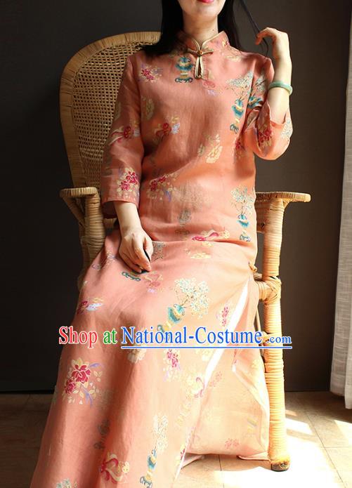 China National Women Clothing Stand Collar Qipao Dress Classical Printing Pink Flax Cheongsam