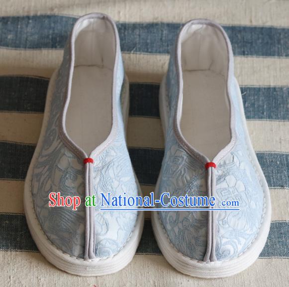 China National Woman Folk Dance Shoes Handmade Jacquard Blue Cloth Shoes