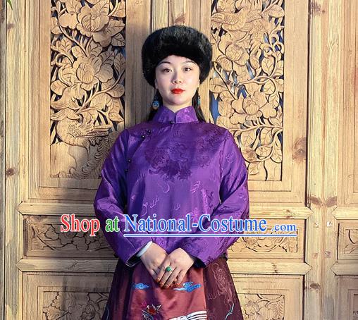 China Classical Peony Butterfly Pattern Purple Silk Blouse National Women Slant Opening Cheongsam Shirt