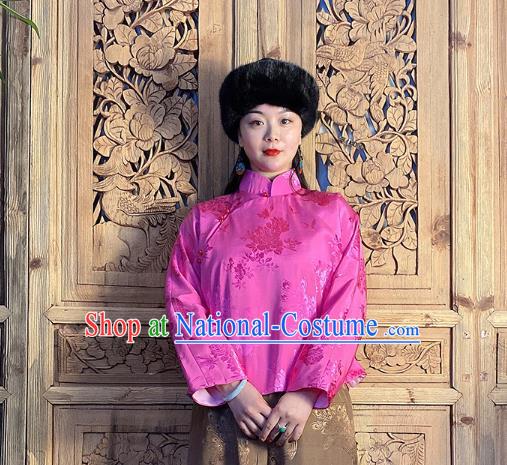 China National Women Slant Opening Cheongsam Shirt Classical Peony Butterfly Pattern Rosy Silk Blouse