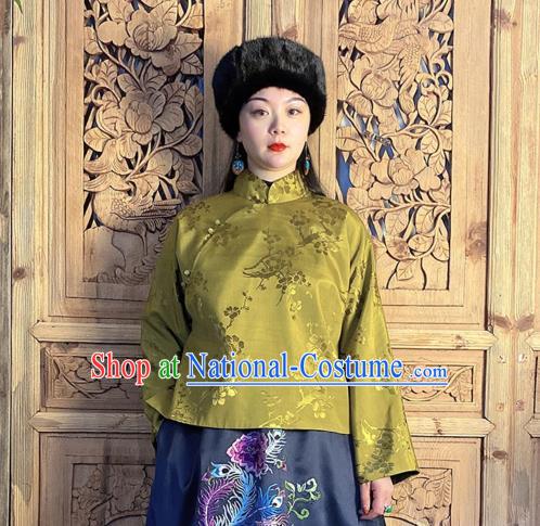 China Classical Peony Butterfly Pattern Olive Green Silk Blouse National Cheongsam Shirt