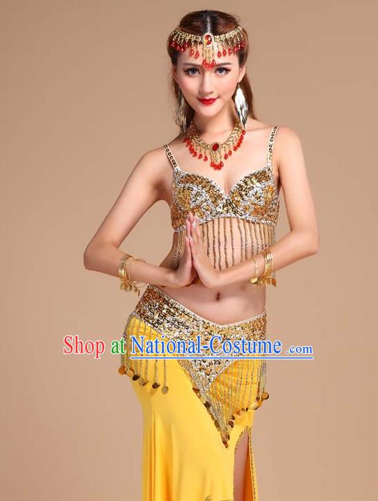 Asian India Oriental Dance Performance Clothing Indian Belly Dance Bra and Yellow Skirt Uniforms