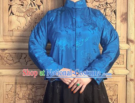 China National Cheongsam Shirt Upper Outer Garment Classical Lion Pattern Royalblue Silk Blouse