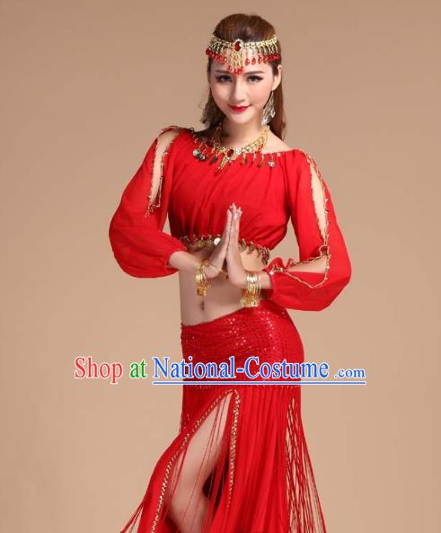 Asian India Folk Dance Stage Performance Clothing Indian Traditional Belly Dance Red Tassel Skirt Outfits