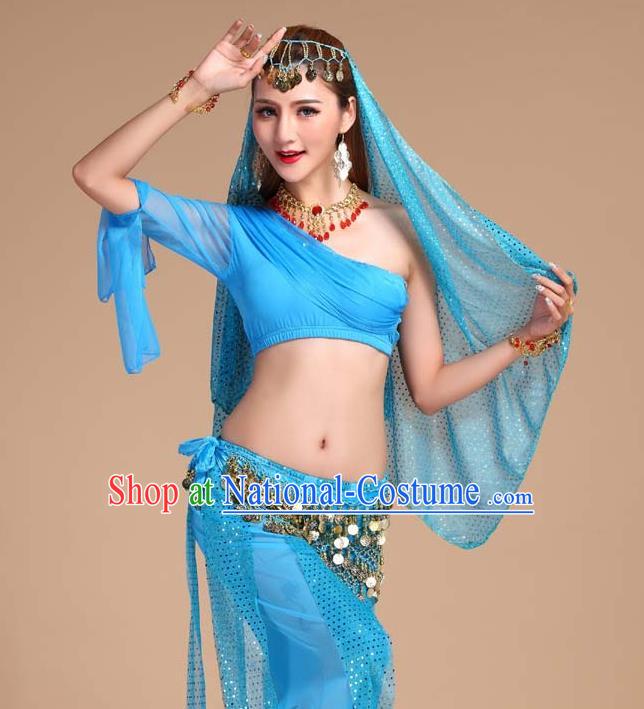 Indian Oriental Dance Blue Outfits Asian Traditional Raks Sharki Top and Pants India Belly Dance Clothing